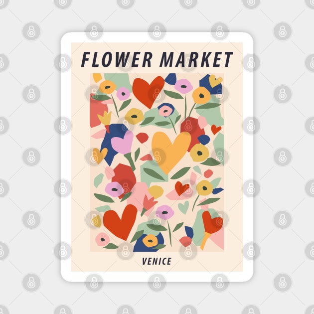 Flower market, Venice, Colorful retro print, Aesthetic poster, Floral art, Valentine, Hearts, Abstract flowers Magnet by KristinityArt