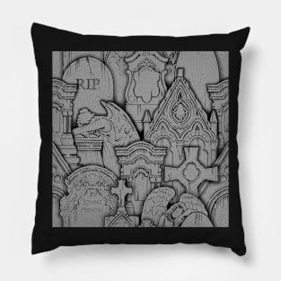 Grey Vintage Graveyard illustration Pillow