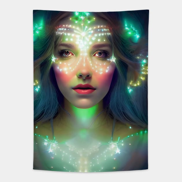 Glowing Green Stars - Goddess of Light Digital Fantasy Artwork Tapestry by Christine aka stine1