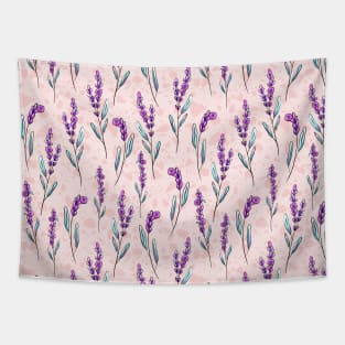 Watercolor and Ink Purple Lavender Flowers and Leaves on Pink Terrazzo Background Tapestry