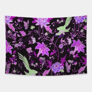 GREEN BIRDS,POMEGRANATE FLOWERS AND BUTTERFLIES Antique Purple Green Floral Pattern Tapestry