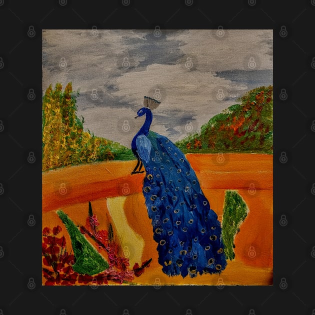 A peacock sitting on a wall in a garden looking over the gardens by kkartwork