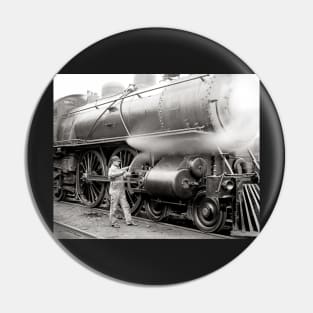 Engineer Oiling Locomotive, 1904. Vintage Photo Pin