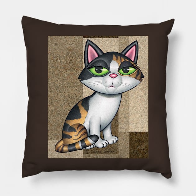 Fun Calico Kitty Cat on tan, brownish background shapes Pillow by Danny Gordon Art