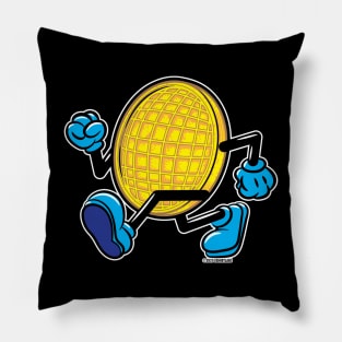 Waffle Mascot strutting by Pillow