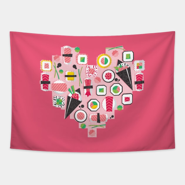 Paper cut geo sushi heart // print // pastel pink background Tapestry by SelmaCardoso