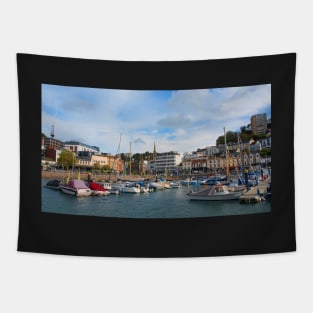 A sunny view across the boats moored in the harbour of the Devonshire seaside town of Torquay. Tapestry