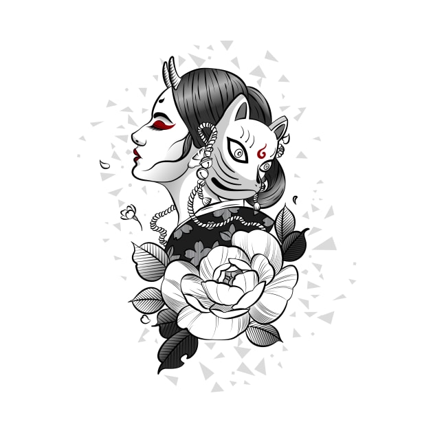 Traditional  black and white Japanese illustration of woman with a kitsune mask and flower by BlindVibes