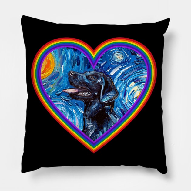 Black Labrador in a Rainbow Heart Pillow by sagittariusgallery