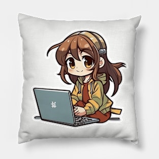 Kawaii Anime girl using laptop Pillow