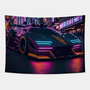 Dark Neon City Sports Car Tapestry