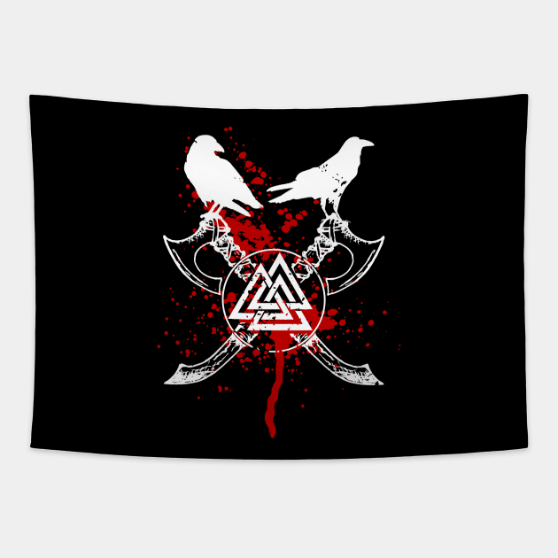 Bloody Valknut and Huginn and Muninn, Viking Symbol Tapestry by Lenny241