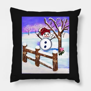 Snowman wearing winter hat  in tranquil winter scenery Pillow