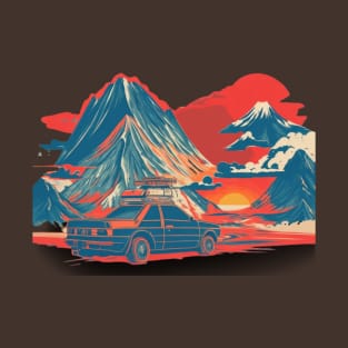 Car adventure with mountain at his back with sun at the back T-Shirt