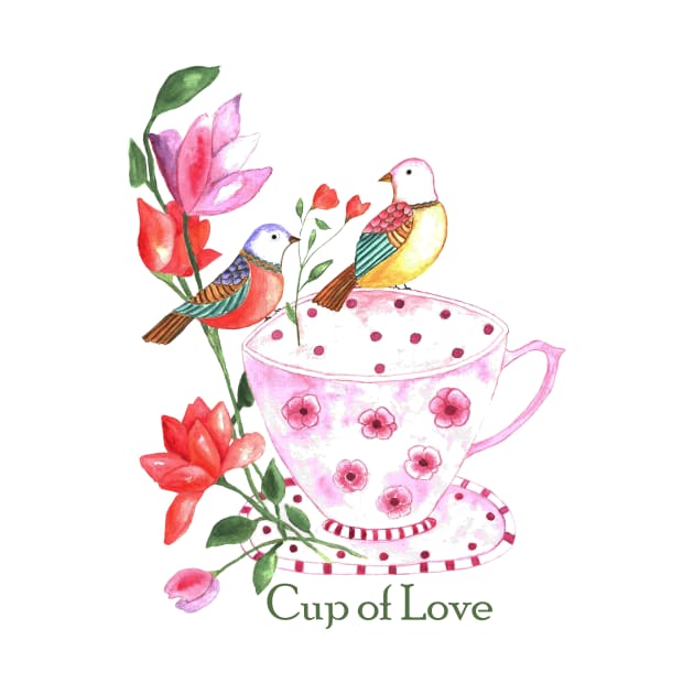 Cup of love, red and yellow birds on a pink floral cup by LatiendadeAryam