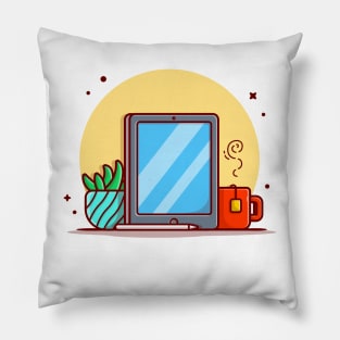 Tablet And Stylus Pencil With Tea And Cactus Cartoon Vector Icon Illustration. Pillow