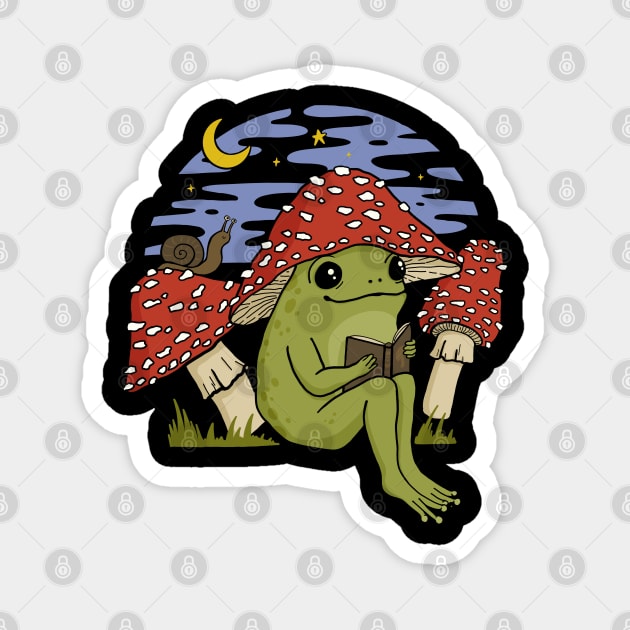 A Cute Frog in Mushroom Cap, Reading Amongst Snails and Toadstools, Embracing Goblincore Charm Magnet by Ministry Of Frogs