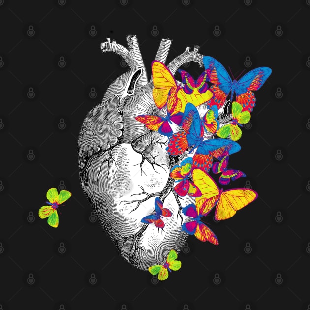 Heart Human Anatomy jellow blue green butterflies by Collagedream