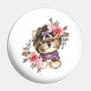 Cute Yorkshire Terrier Yorkie Puppy and Flowers Watercolor Art Pin