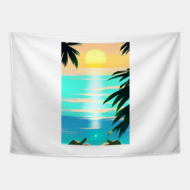 Summer Sunset Palm Tree Beach Ocean Artistic Paradise Tapestry by Trendy-Now