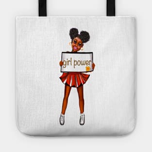 Girl power black anime manga girl cheerleader with cute dimples Afro hair in puffs, brown eyes and dark brown skin side profile. Hair love ! Tote