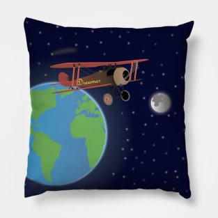 Red Biplane in Outer Space Pillow