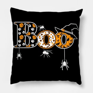 Boo Halloween T Shirt With Spiders And Witch Hat Pillow