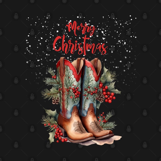 Merry Christmas, Christmas gifts and cowgirl boots, mistletoe branches, hawthorn and pine branches with pine cones by Collagedream