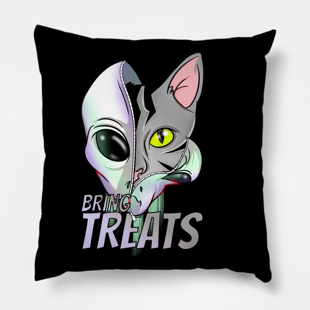 Cartoon Alien Bring Treats Space Cat Pillow by Trendy Black Sheep