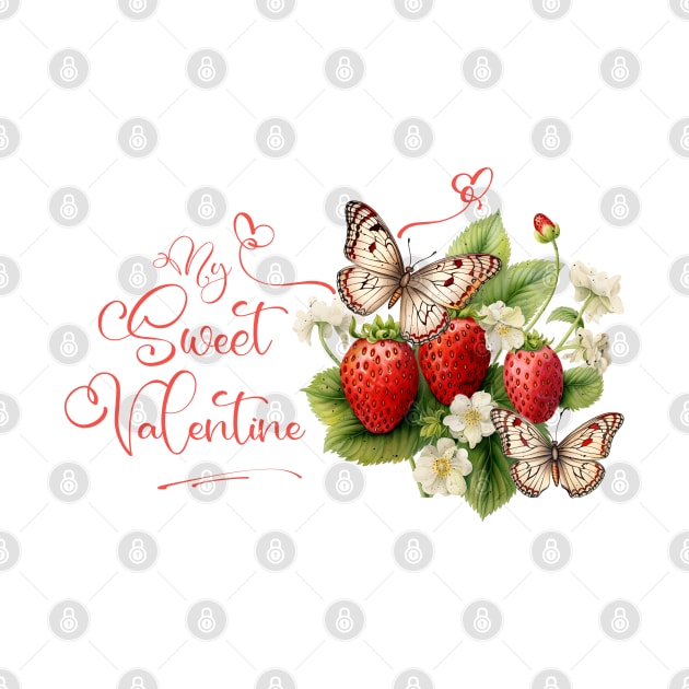 Sweet Valentine with Red Strawberry Fruits, Flowers, and Butterflies, by Biophilia