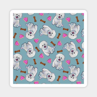 Cute Bichon Frise Pattern on Blue Magnet