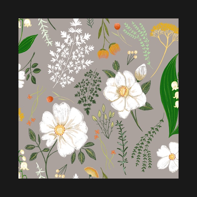 Garden florals on soft grey. by Papergrape