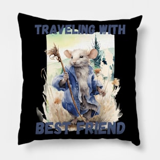 Watercolor Rat Traveling with Best Friend Blue Pillow