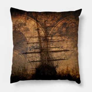 Cutting the Waves - Clipper Sailing Ship and Old World Map Pillow