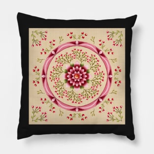 Cherries and Flower Mandala on Pale Yellow Pillow