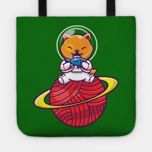 Cute Cat Astronaut Sitting On Planet With Fish Cartoon Tote