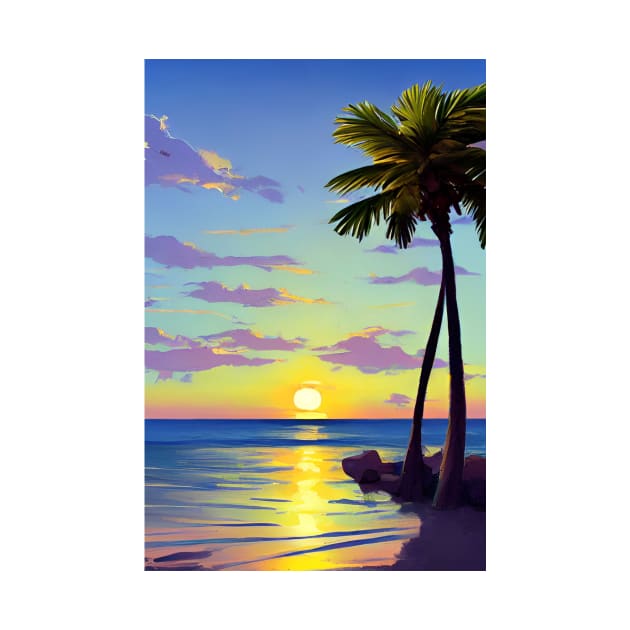 Summer Sunset Palm Tree Beach Ocean Artistic Paradise Landscape by Trendy-Now