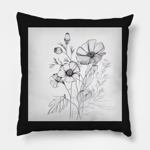 Line Art Flowers Illustation Pillow by unrealartwork