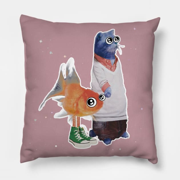 Blue Cat & Golden Fish Pillow by windxD