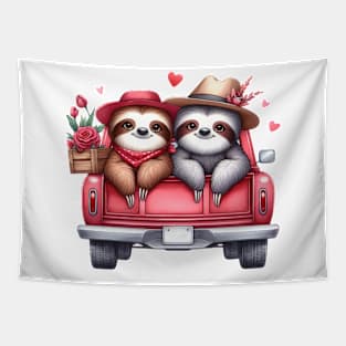 Valentine Sloth Couple Sitting On Truck Tapestry