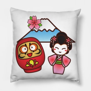 Daruma Geisha and Fuji Kawaii Cute Japanese Design Pillow