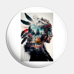 Native American Double Exposure Watercolor Painting Pin