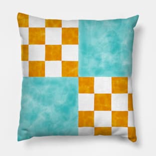 Orange and Teal Quilt Patch Watercolor Block Pillow