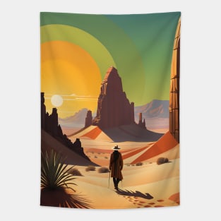 Geometric Wanderer: Surreal Desert Landscape Tapestry