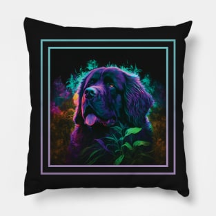 Nifty Newfoundland Dog Floral Vibrant Tropical Digital Oil Painting Pet Portrait Pillow