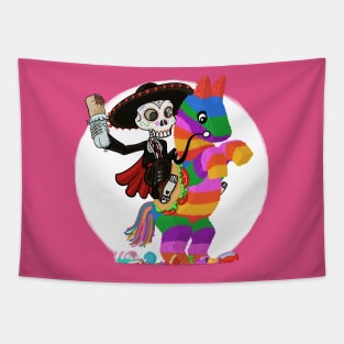 Day of the Dead Skull Face Matador Riding a Piñata with Burrito Tapestry