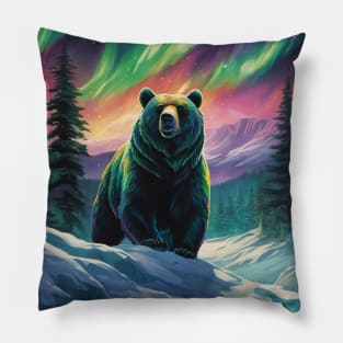 Brown Bear with Forest and Borealis, Colorful, Beautiful Pillow