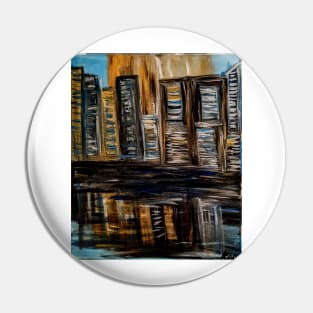 Abstract landscape painting of building reflecting in water Pin