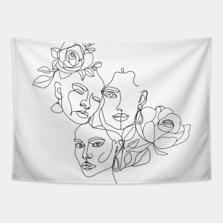 Minimal women's line art. Illustration with one line woman face, flowers and leaves. Tapestry