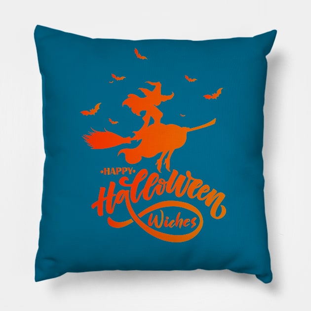 Happy Halloween Beauty Witch Flying Broom Pillow by BadrBrand